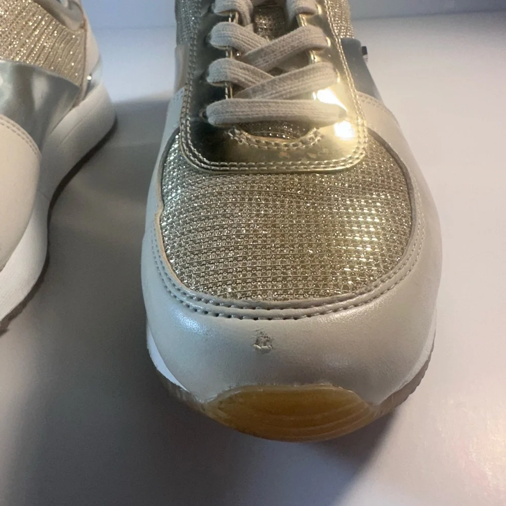 Michael Kors Women's Allie Glitter Mesh Chain Leather Trainers Tan/Gold Size 8
